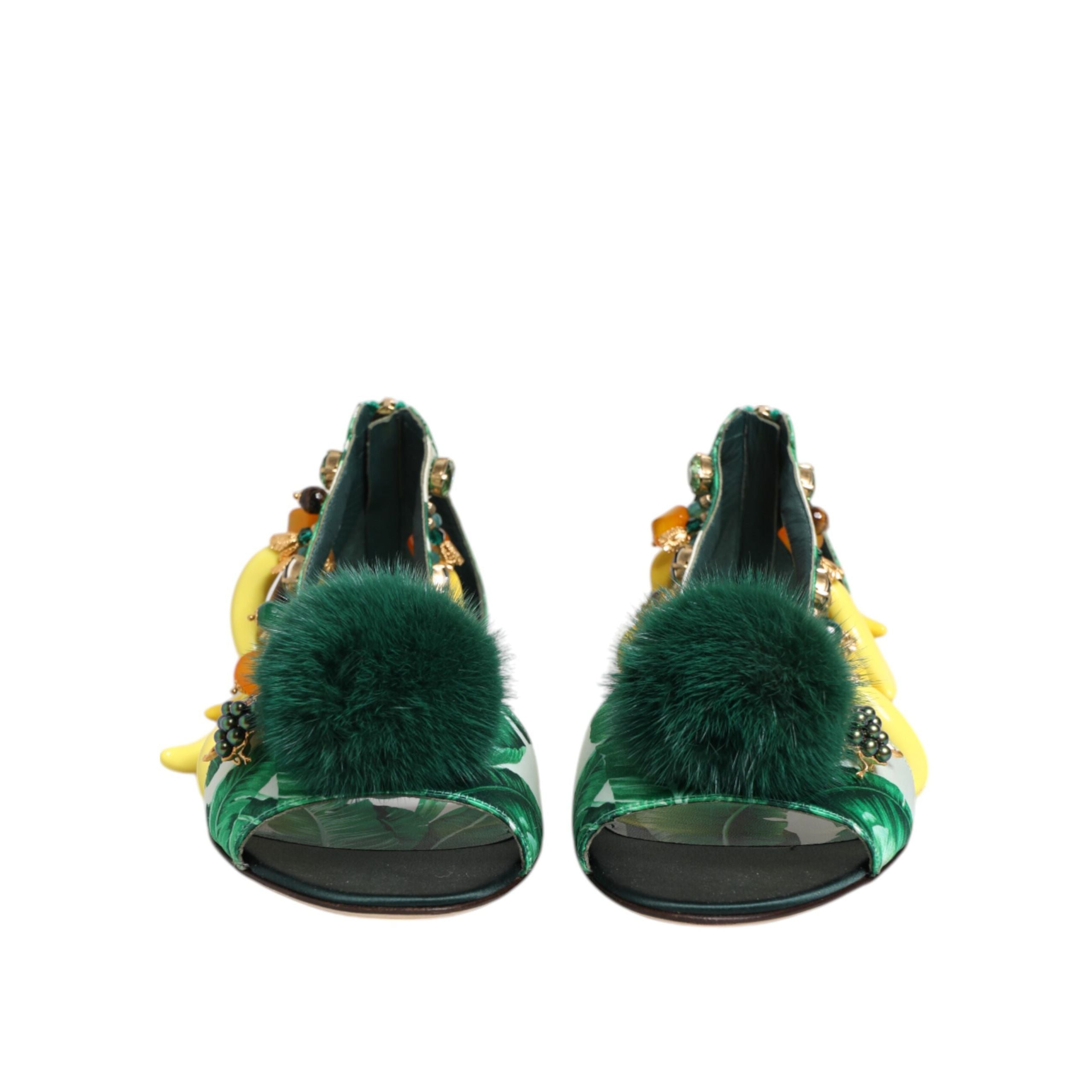 Sandali Scarpe Dolce & Gabbana Foglia di Banana in Raso e Pelliccia di Visone Verde