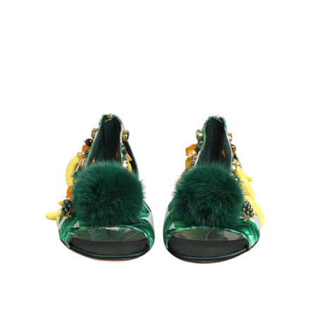 Sandali Scarpe Dolce & Gabbana Foglia di Banana in Raso e Pelliccia di Visone Verde