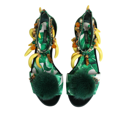 Sandali Scarpe Dolce & Gabbana Foglia di Banana in Raso e Pelliccia di Visone Verde