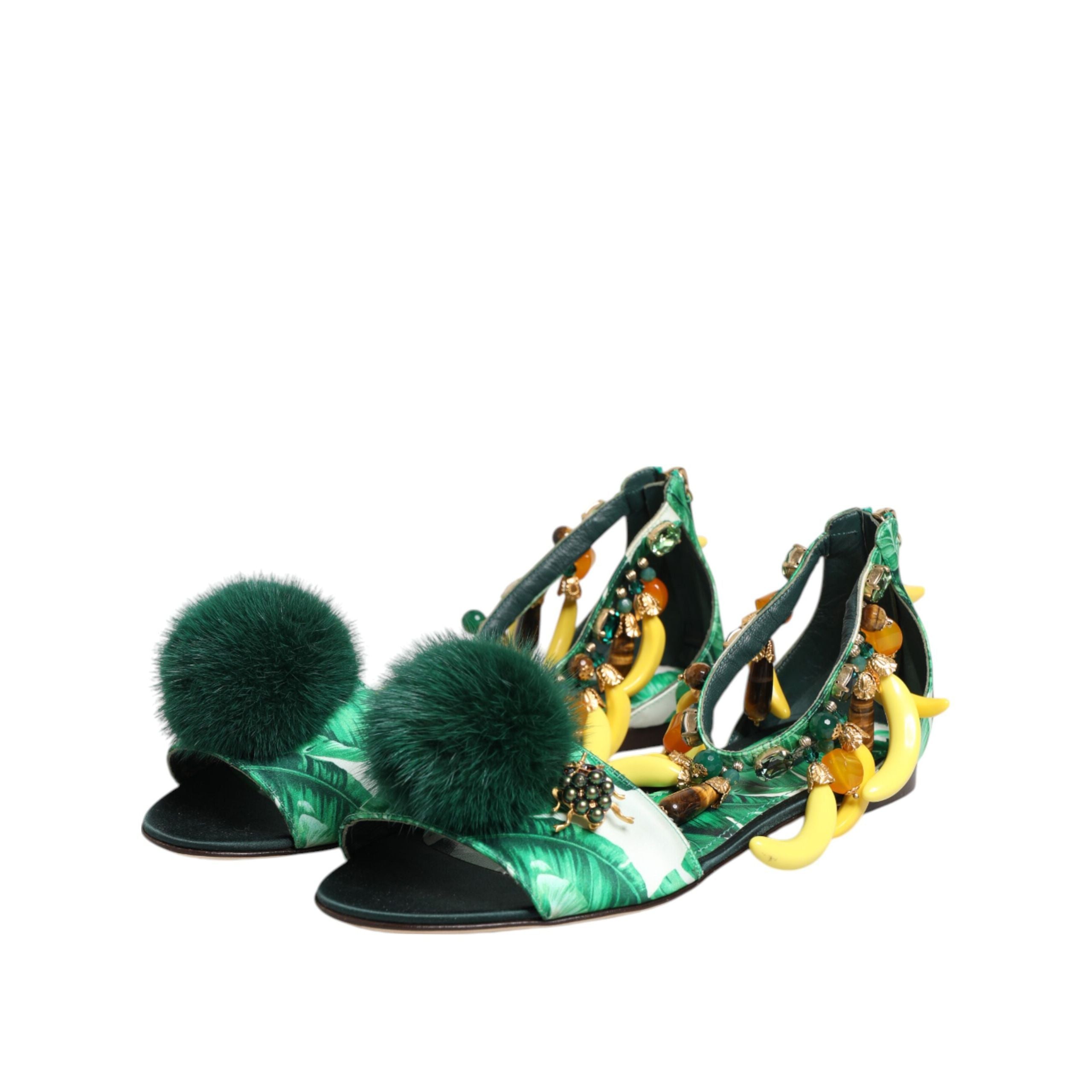 Sandali Scarpe Dolce & Gabbana Foglia di Banana in Raso e Pelliccia di Visone Verde