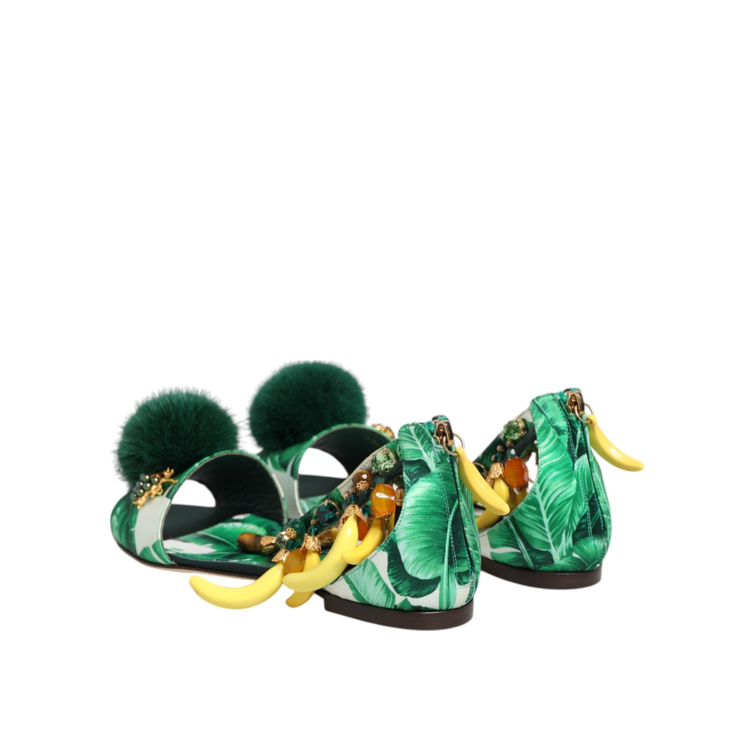 Sandali Scarpe Dolce & Gabbana Foglia di Banana in Raso e Pelliccia di Visone Verde