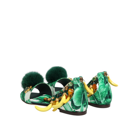 Sandali Scarpe Dolce & Gabbana Foglia di Banana in Raso e Pelliccia di Visone Verde