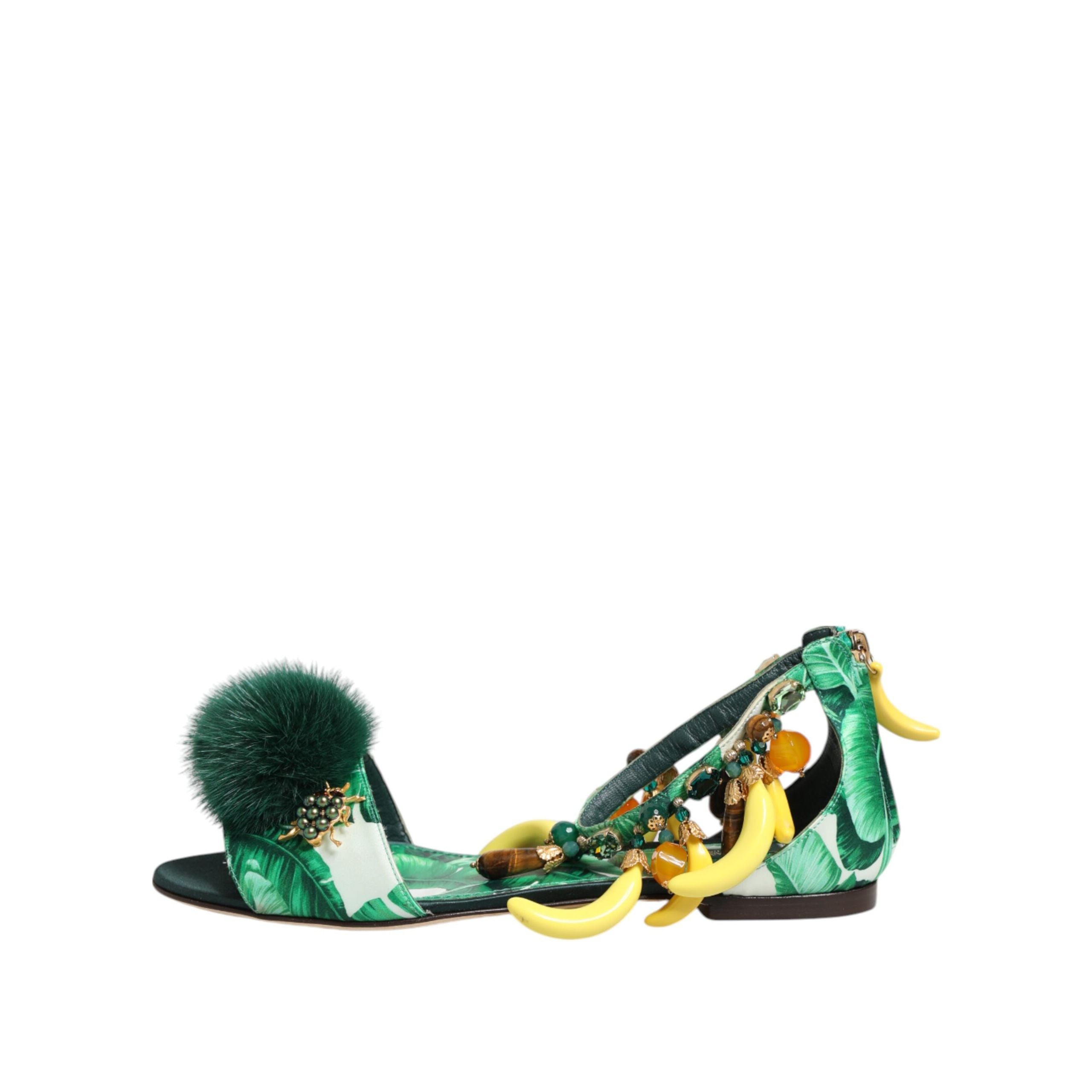 Sandali Scarpe Dolce & Gabbana Foglia di Banana in Raso e Pelliccia di Visone Verde