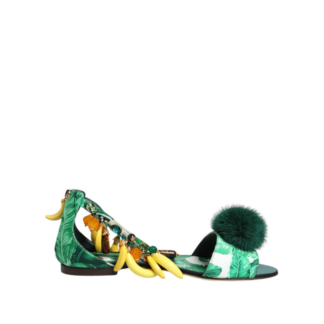 Sandali Scarpe Dolce & Gabbana Foglia di Banana in Raso e Pelliccia di Visone Verde