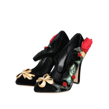 Dolce & Gabbana Décolleté Mary Jane Rose Nere con Spilla di Cristallo