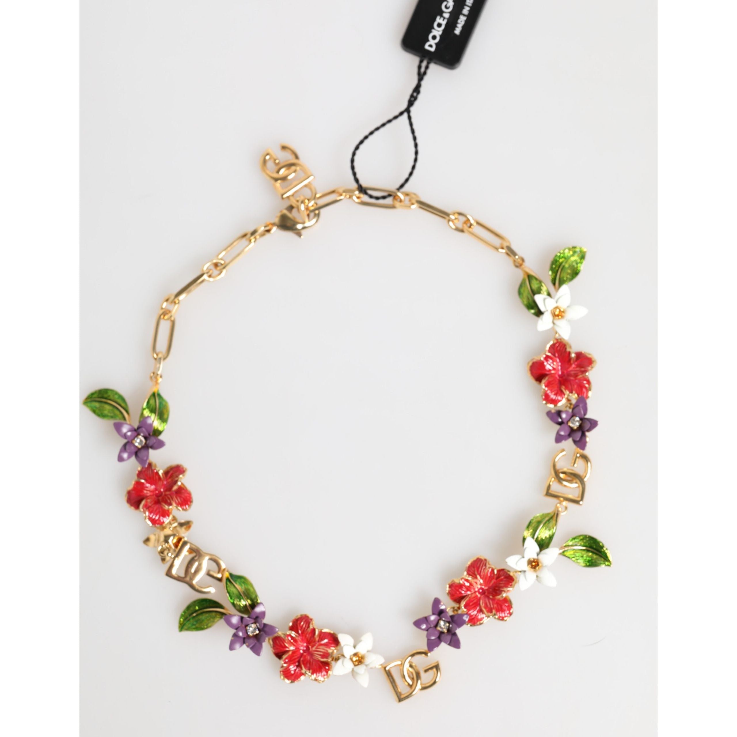 Collana Dolce & Gabbana con logo in ottone dorato e dettagli floreali, gioielli di moda