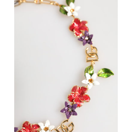Collana Dolce & Gabbana con logo in ottone dorato e dettagli floreali, gioielli di moda