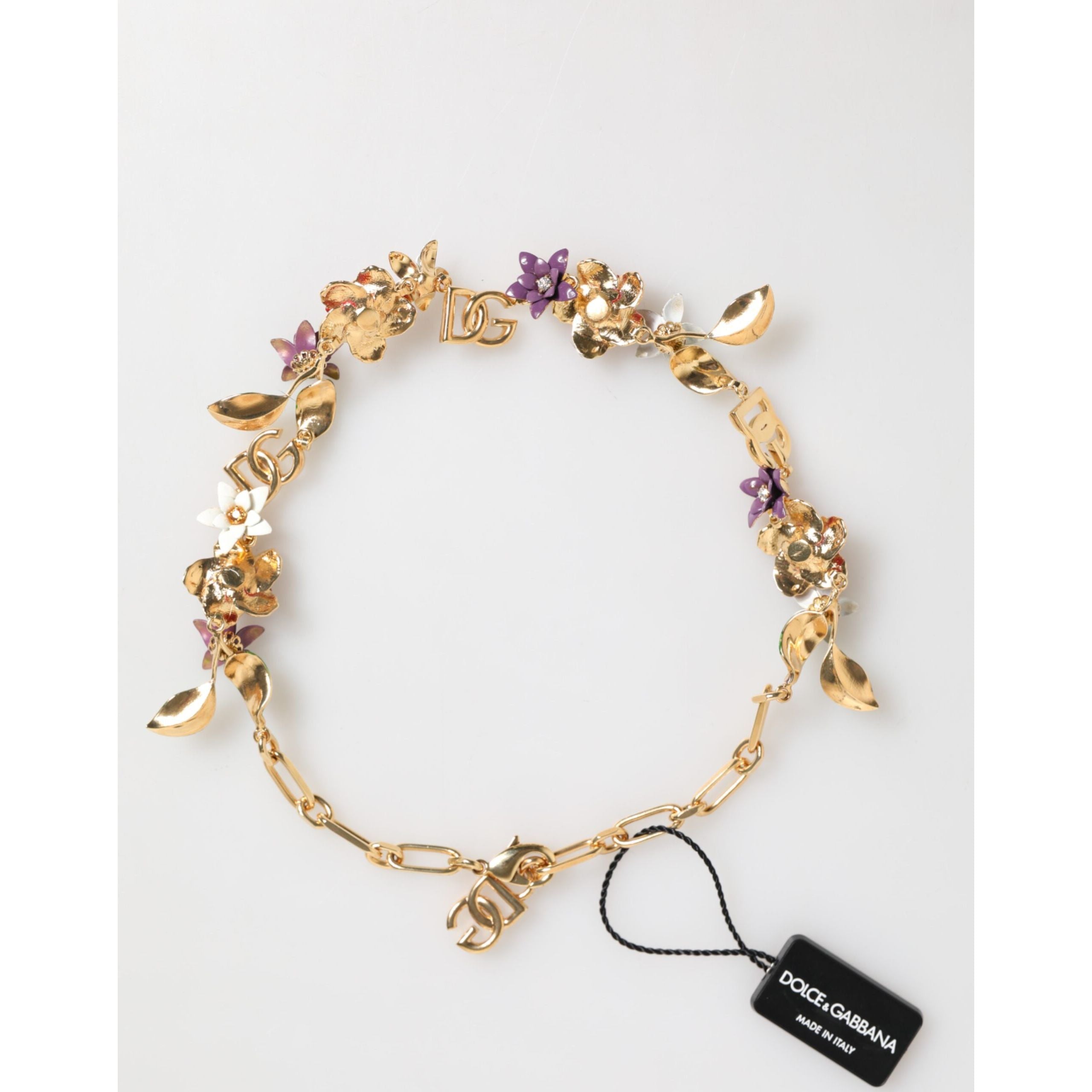 Collana Dolce & Gabbana con logo in ottone dorato e dettagli floreali, gioielli di moda