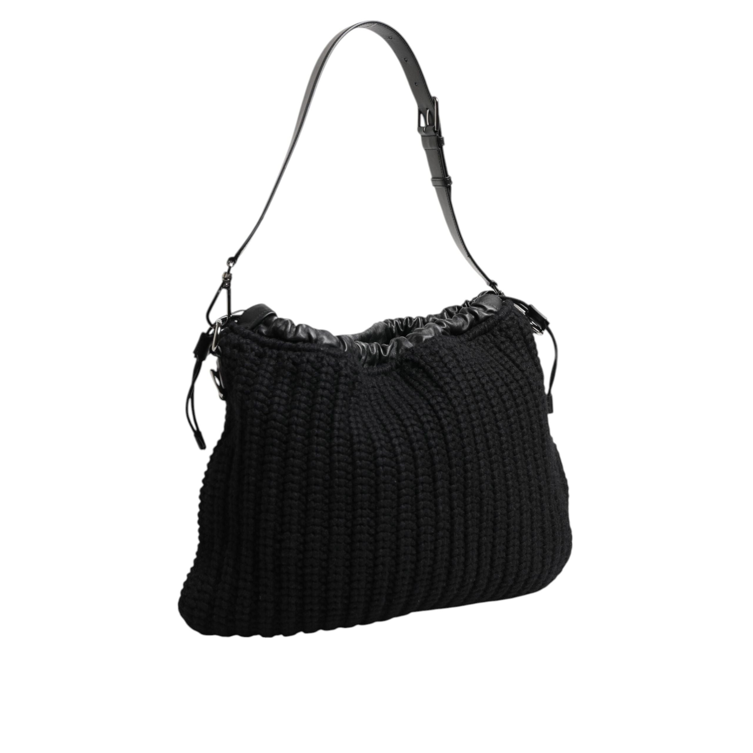 Dolce & Gabbana Black Cashmere Knitted Leather Shoulder Bag