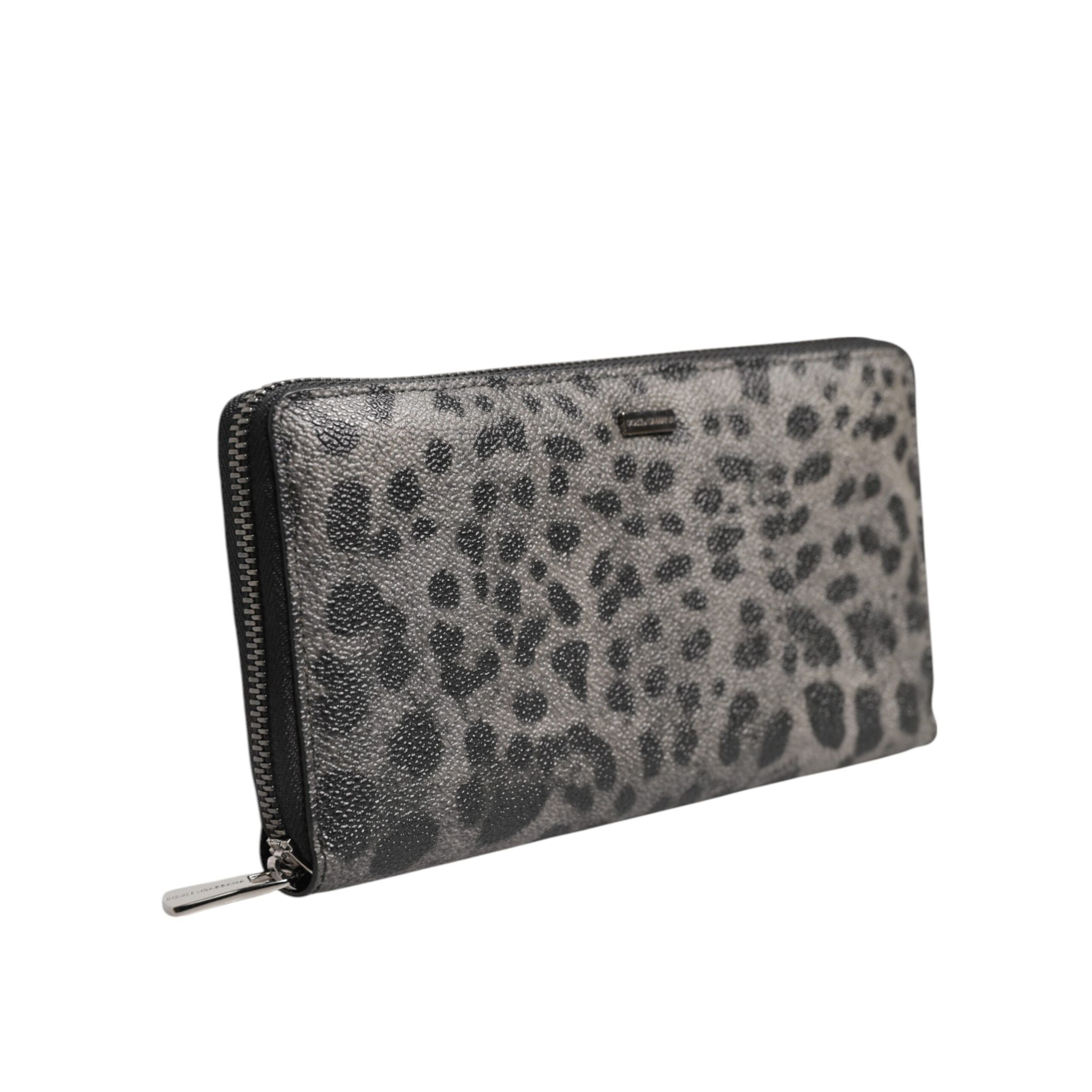 Dolce & Gabbana Black Grey Leopard Leather Zip Around Continental Wallet