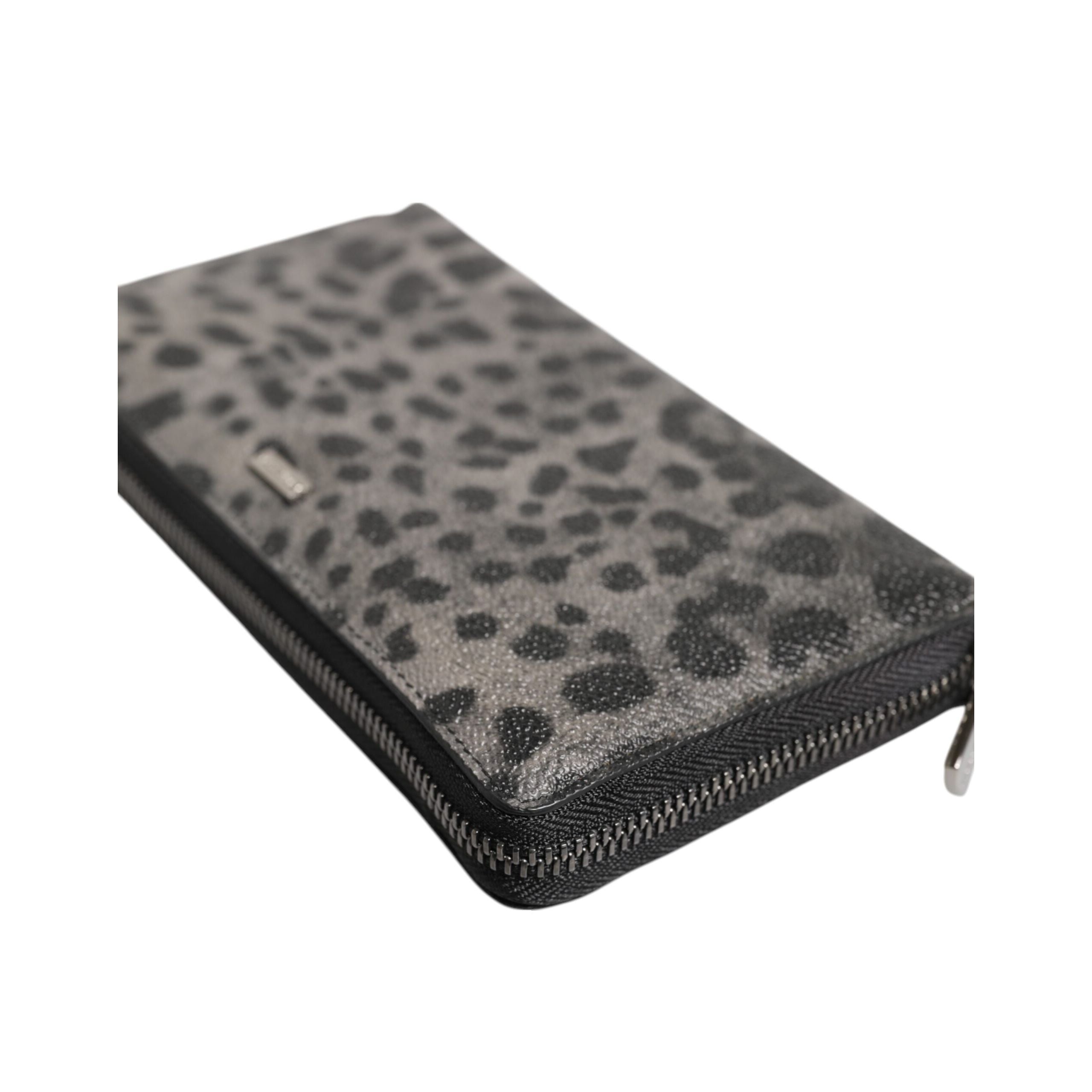Dolce & Gabbana Black Grey Leopard Leather Zip Around Continental Wallet
