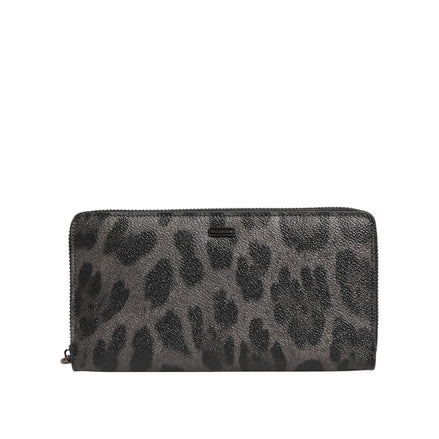 Dolce & Gabbana Black Grey Leopard Leather Zip Around Continental Wallet