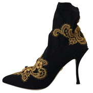 Bottes Chaussures Dolce & Gabbana Noires Broderie Or Cristaux