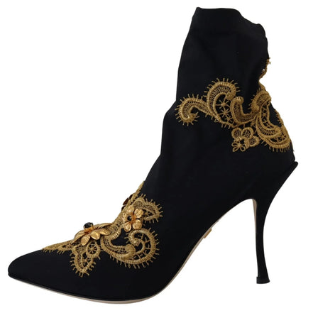 Bottes Chaussures Dolce & Gabbana Noires Broderie Or Cristaux