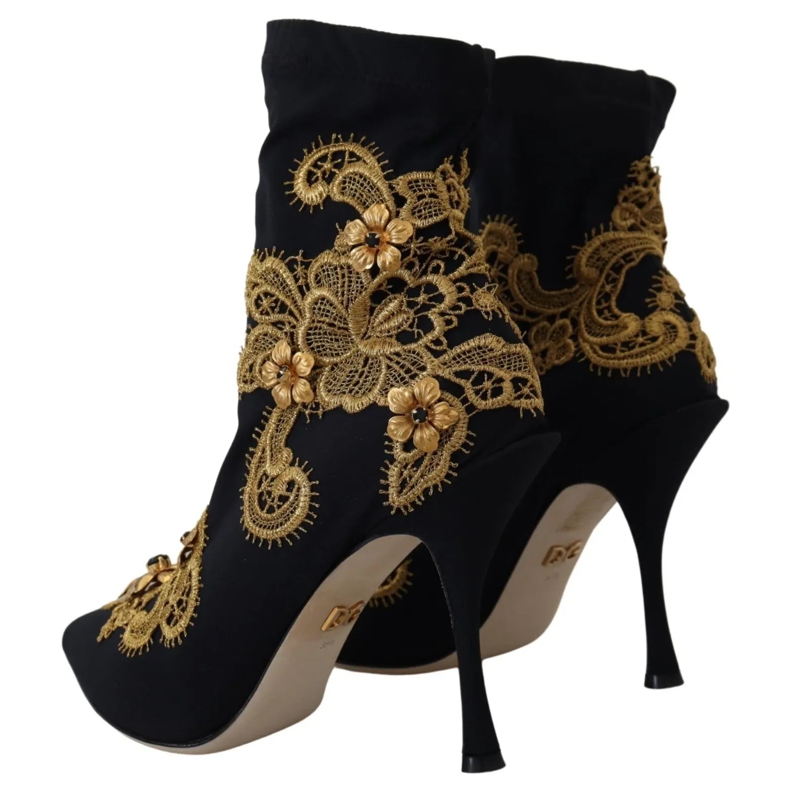 Bottes Chaussures Dolce & Gabbana Noires Broderie Or Cristaux