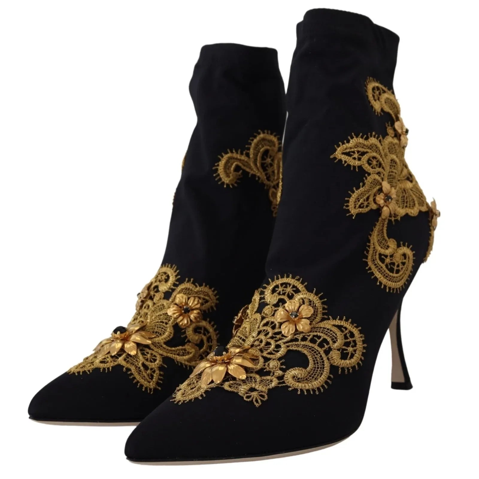 Bottes Chaussures Dolce & Gabbana Noires Broderie Or Cristaux