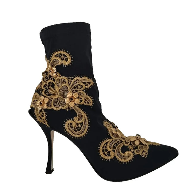 Bottes Chaussures Dolce & Gabbana Noires Broderie Or Cristaux