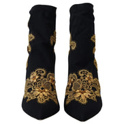 Bottes Chaussures Dolce & Gabbana Noires Broderie Or Cristaux