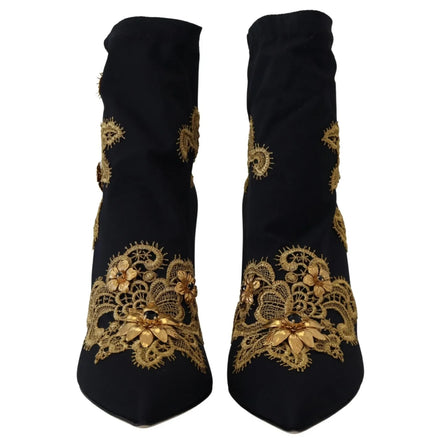 Bottes Chaussures Dolce & Gabbana Noires Broderie Or Cristaux
