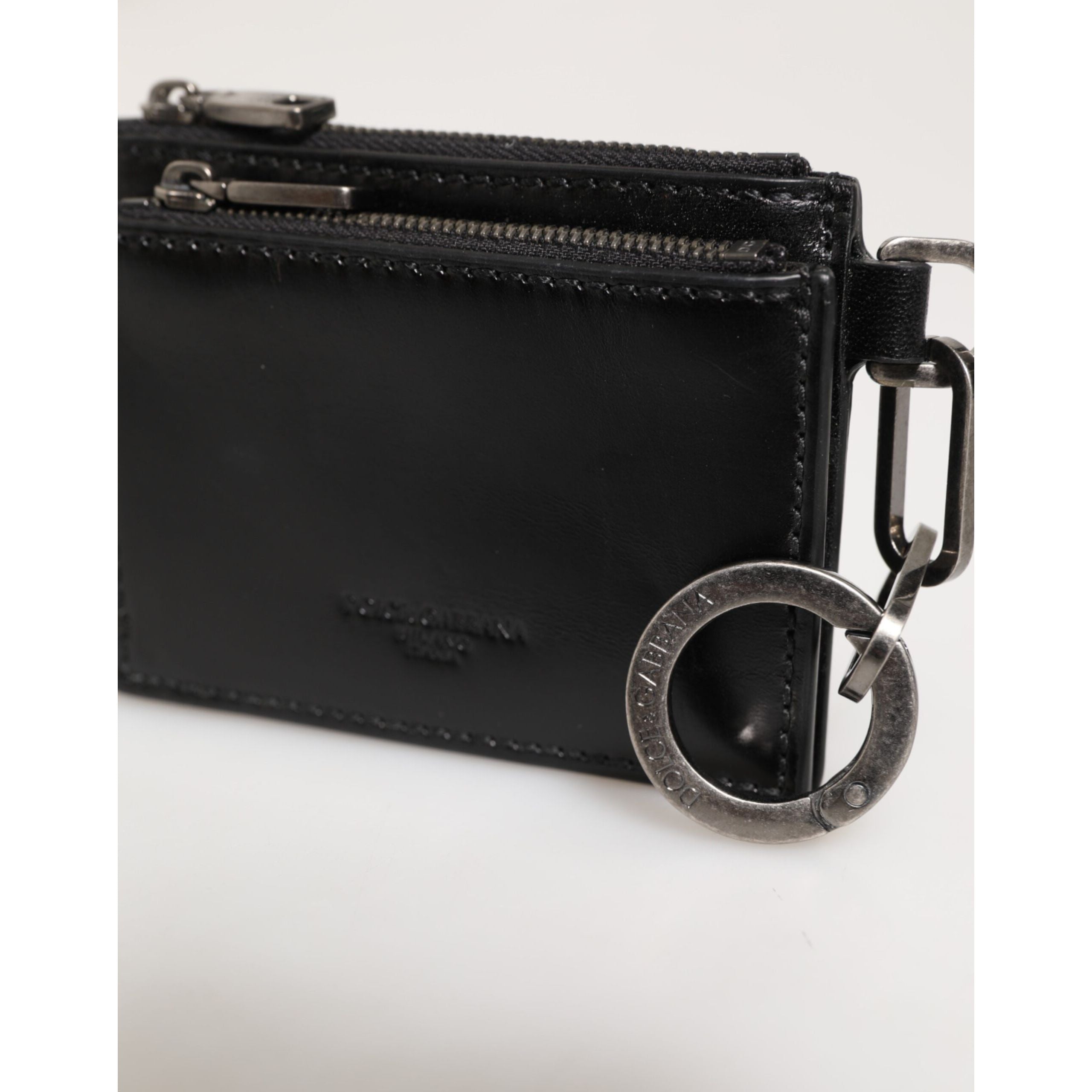 Dolce & Gabbana Black Leather Zipped Card Holder Coin Purse Keyring Wallet