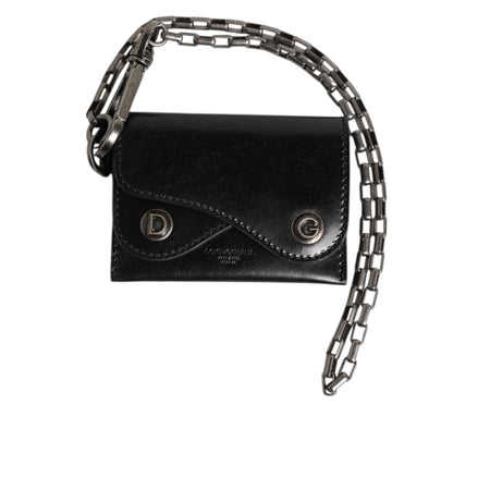Porte-cartes à deux volets Dolce & Gabbana en cuir Cavallo noir avec chaîne à bouton-pression