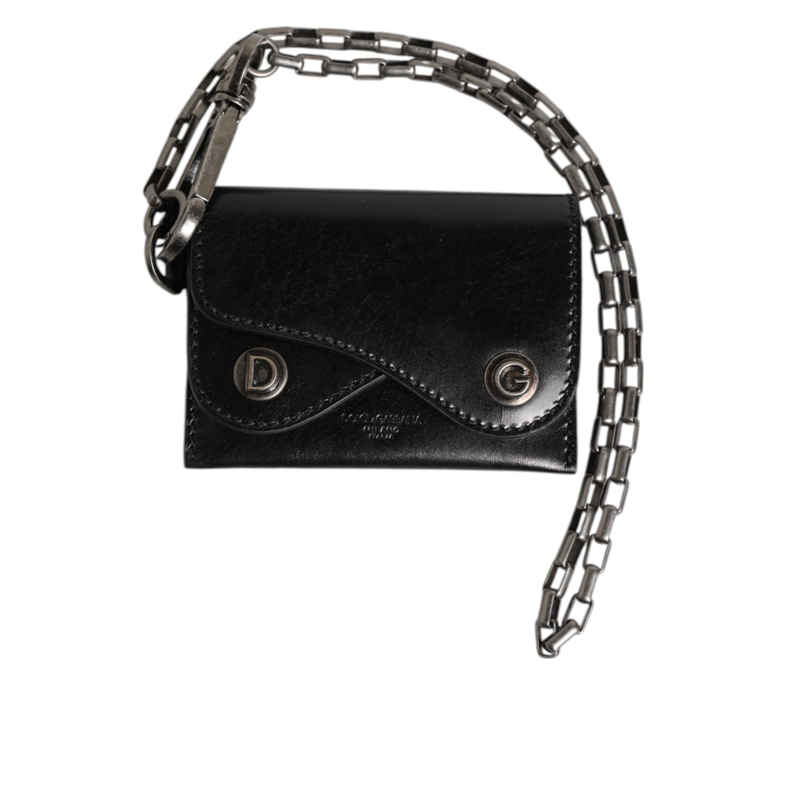 Dolce & Gabbana Portafoglio in Pelle di Cavallo Nera con Catena e Bottone Automatico Bifold Portacarte