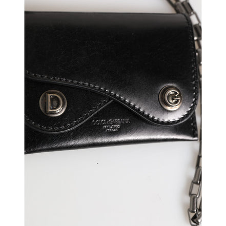 Dolce & Gabbana Portafoglio in Pelle di Cavallo Nera con Catena e Bottone Automatico Bifold Portacarte