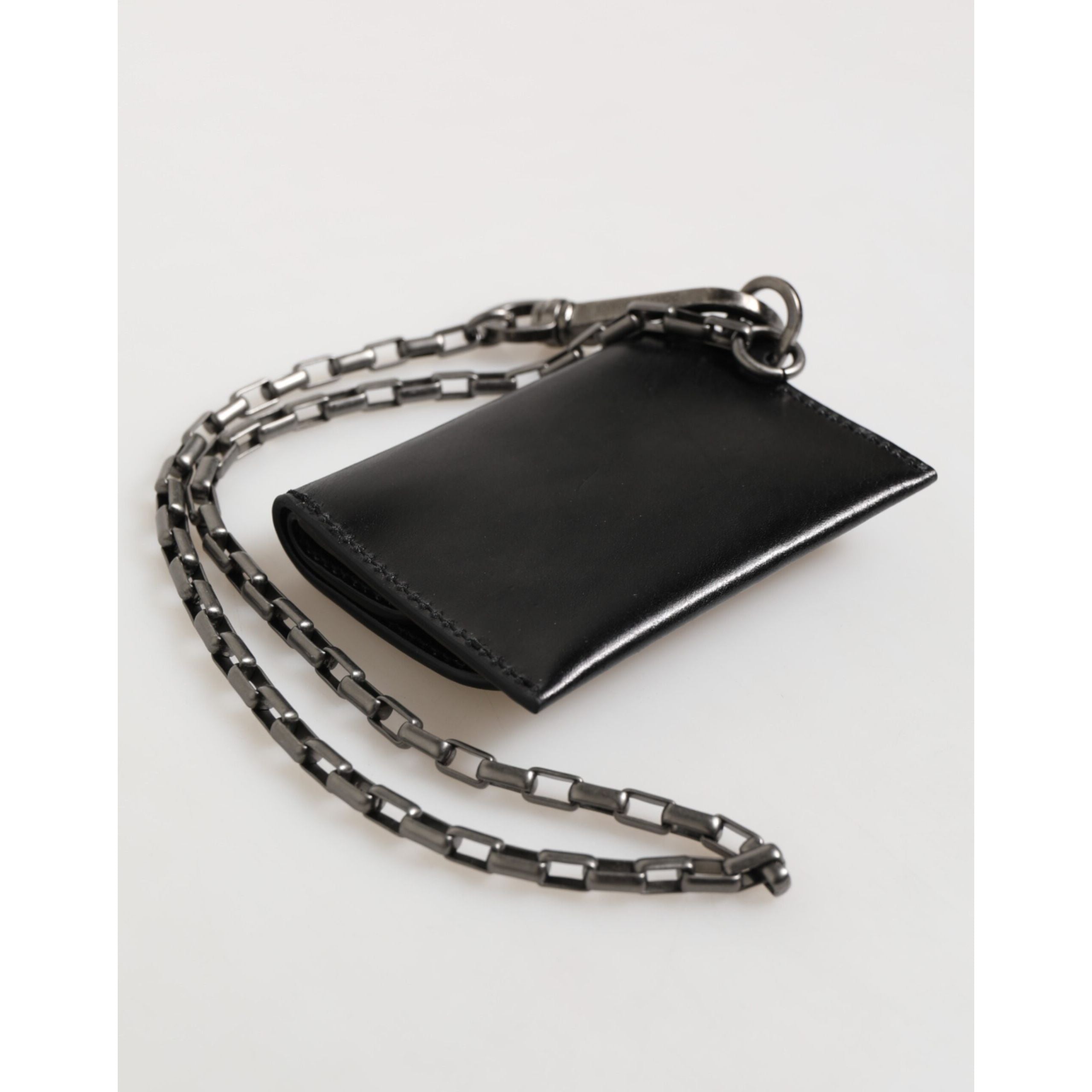 Dolce & Gabbana Portafoglio in Pelle di Cavallo Nera con Catena e Bottone Automatico Bifold Portacarte
