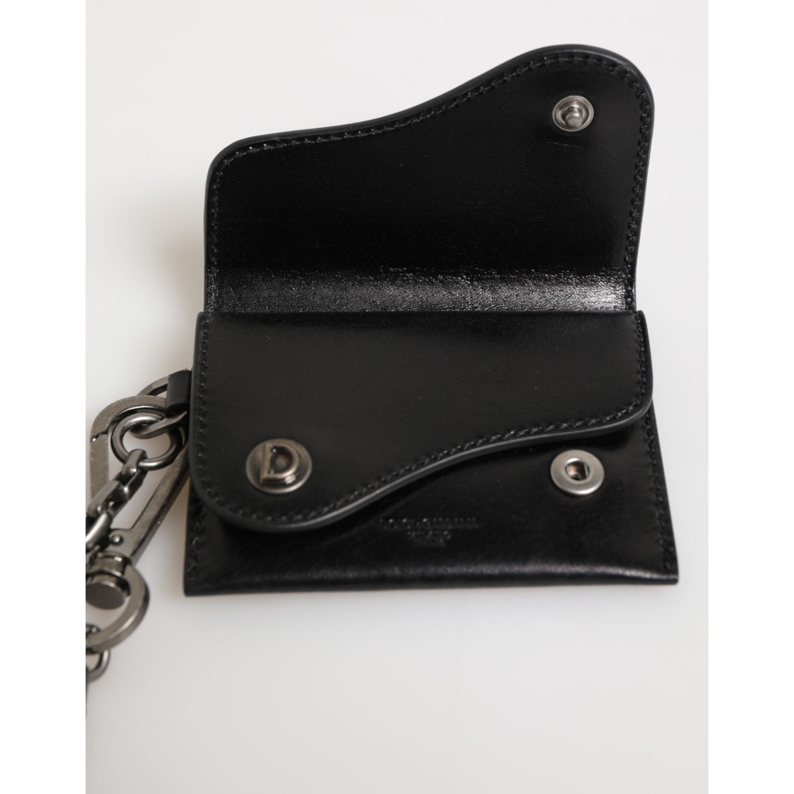 Dolce & Gabbana Portafoglio in Pelle di Cavallo Nera con Catena e Bottone Automatico Bifold Portacarte