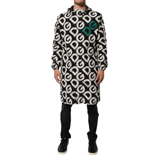 Dolce & Gabbana Black White Logo Print Hooded Coat Men's Jacket