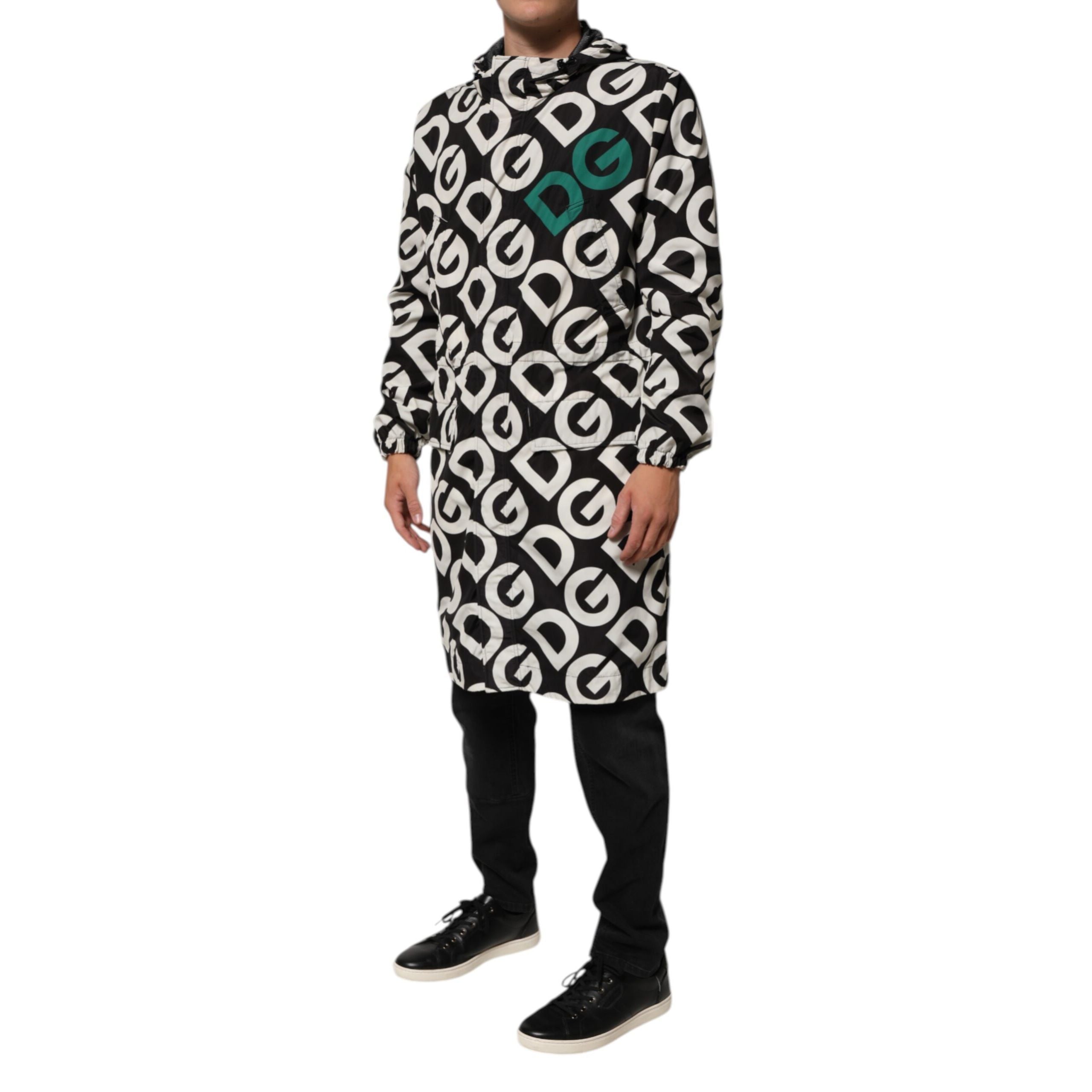 Dolce & Gabbana Manteau à Capuche Imprimé Logo Noir Blanc Homme