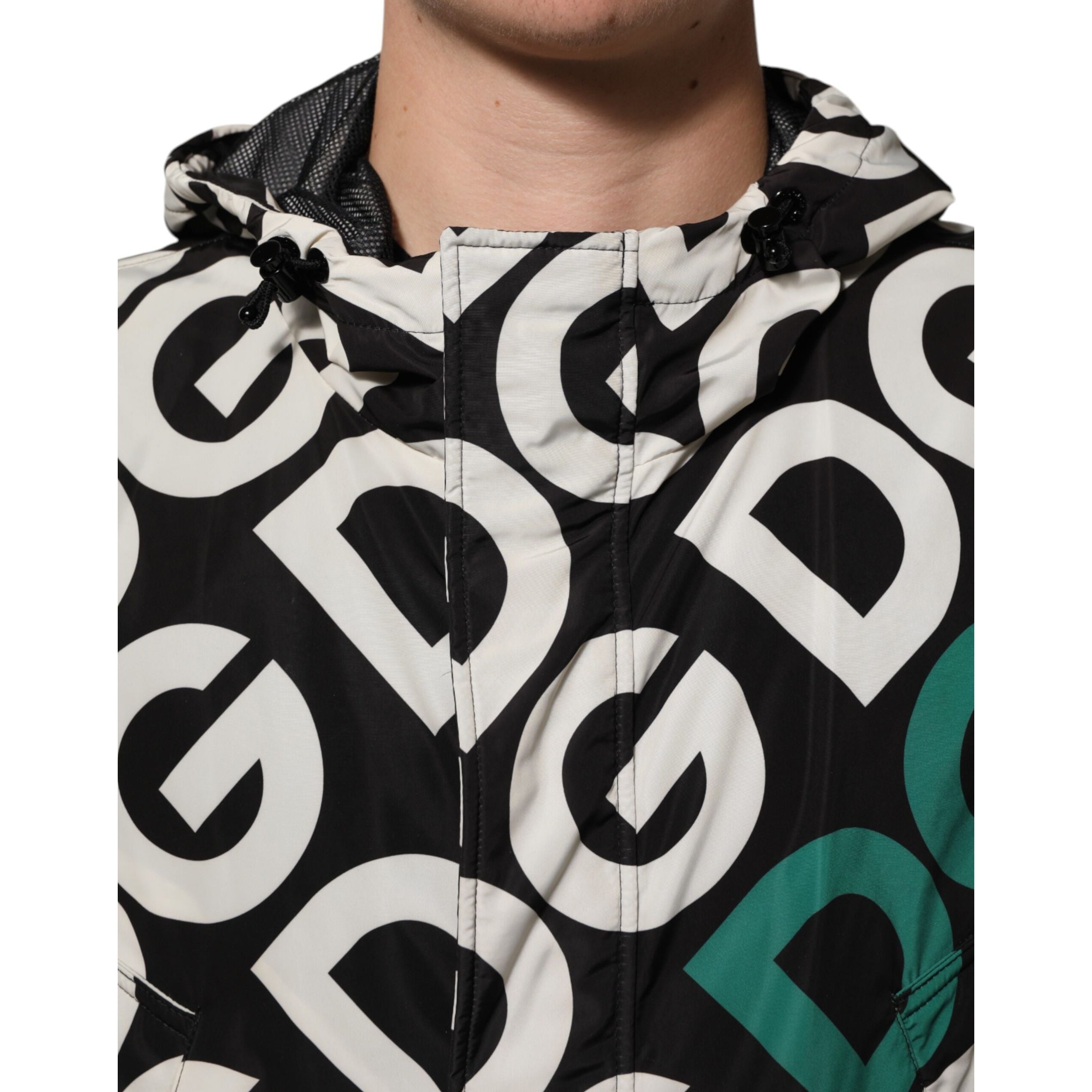 Dolce & Gabbana Manteau à Capuche Imprimé Logo Noir Blanc Homme