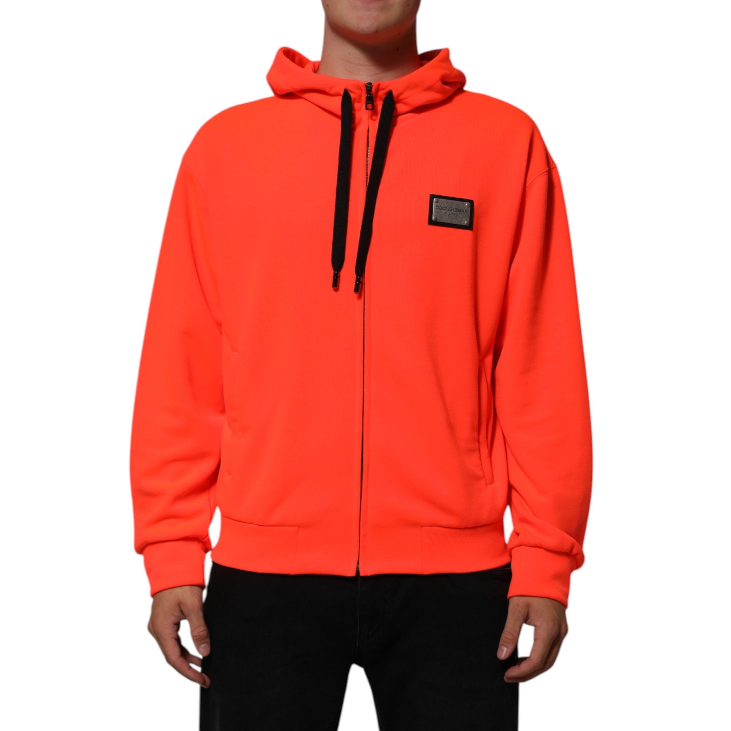 Felpa con cappuccio Dolce & Gabbana in poliestere rosso fluorescente con logo a toppa
