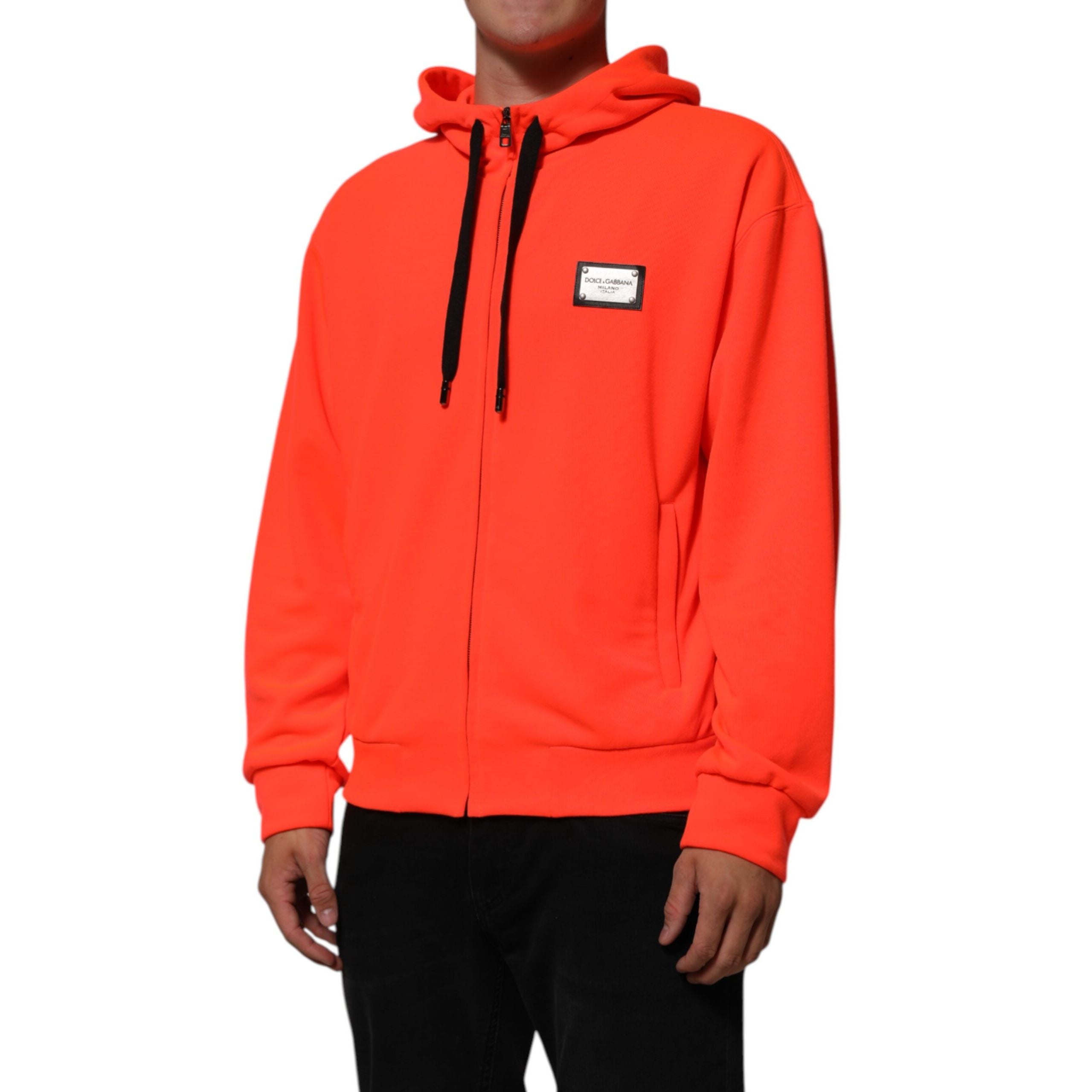Felpa con cappuccio Dolce & Gabbana in poliestere rosso fluorescente con logo a toppa