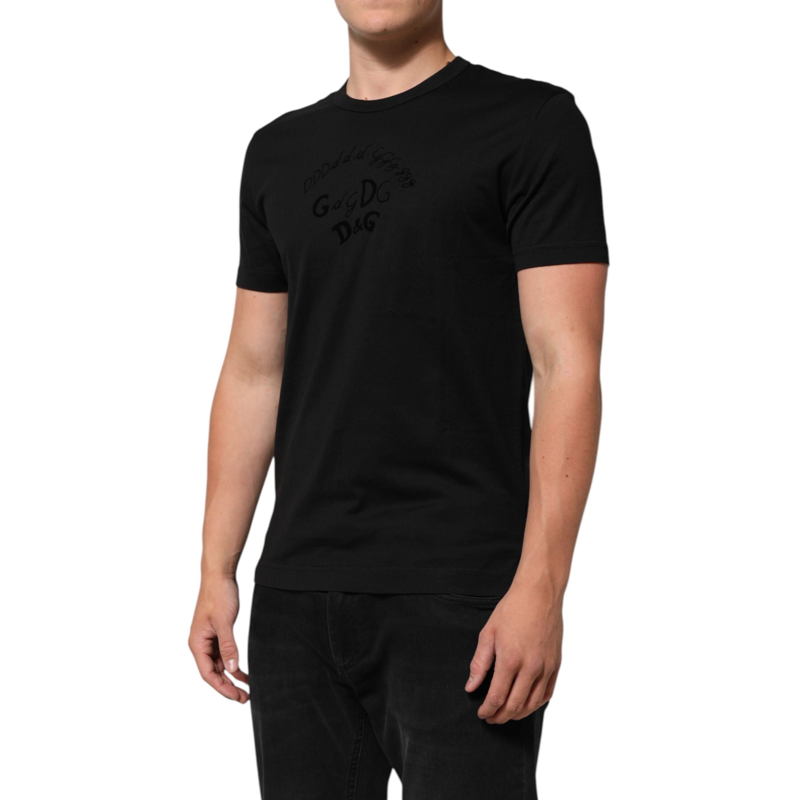 Dolce & Gabbana Black Cotton Velvet Logo Print T-Shirt