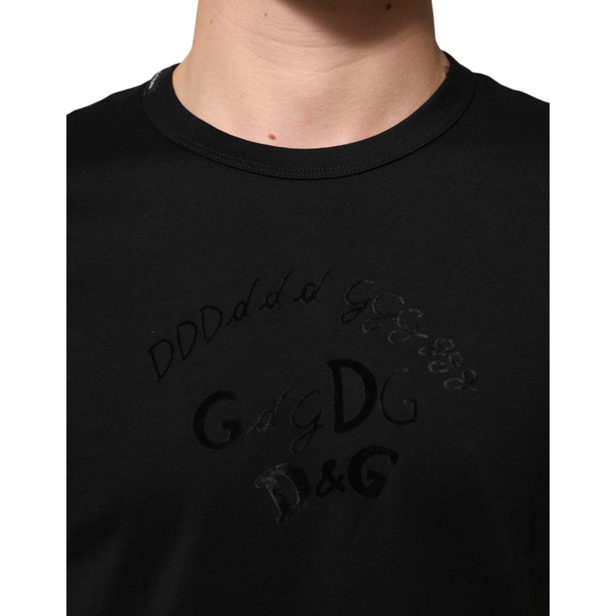 Dolce & Gabbana Black Cotton Velvet Logo Print T-Shirt