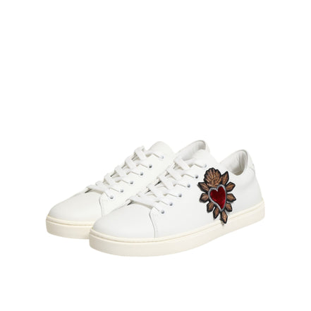 Dolce & Gabbana White Leather Sacred Heart Patch Sneakers