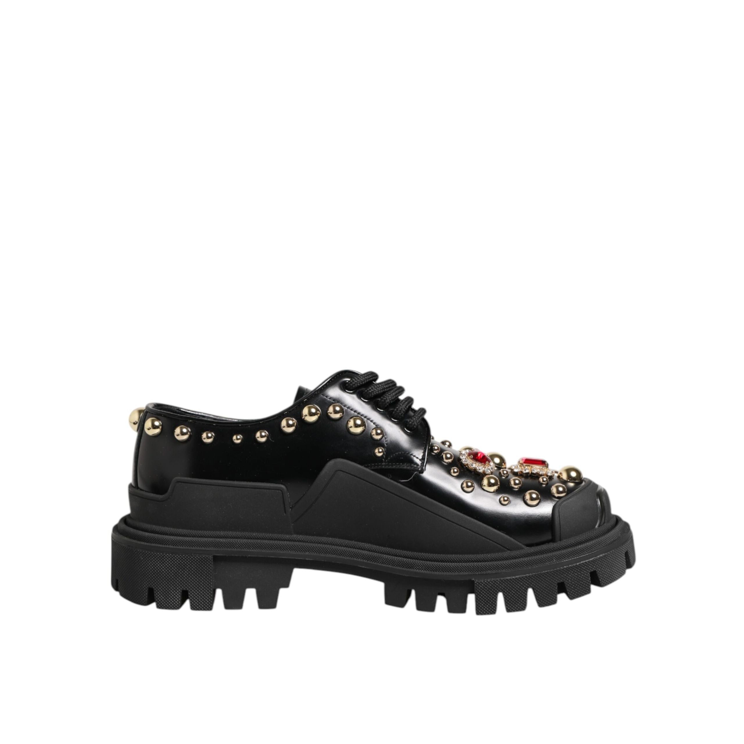 Dolce & Gabbana Black Leather Crystal Derby Shoes