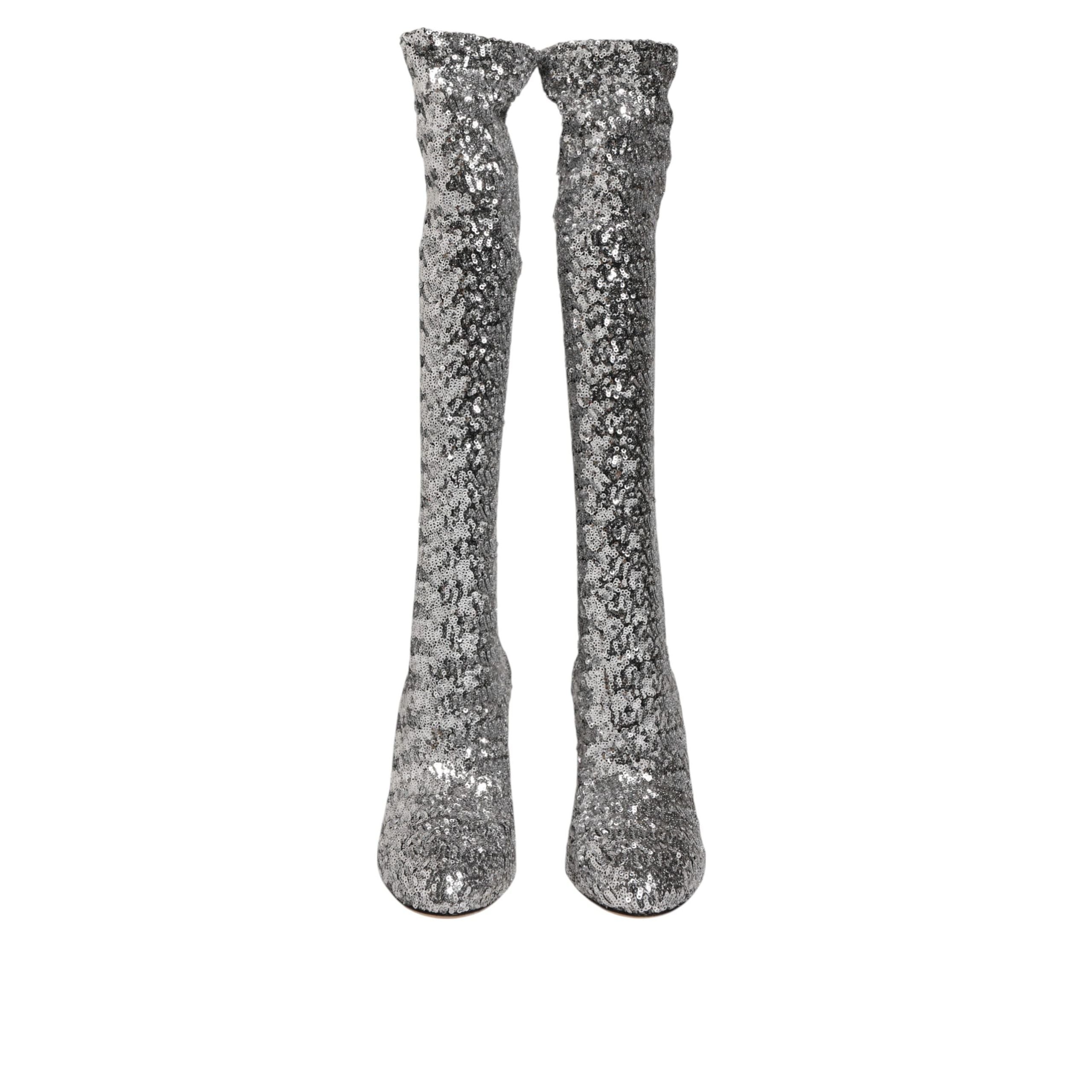 Dolce & Gabbana Silver Sequin Glitter High Heel Boots