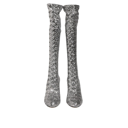 Dolce & Gabbana Silver Sequin Glitter High Heel Boots