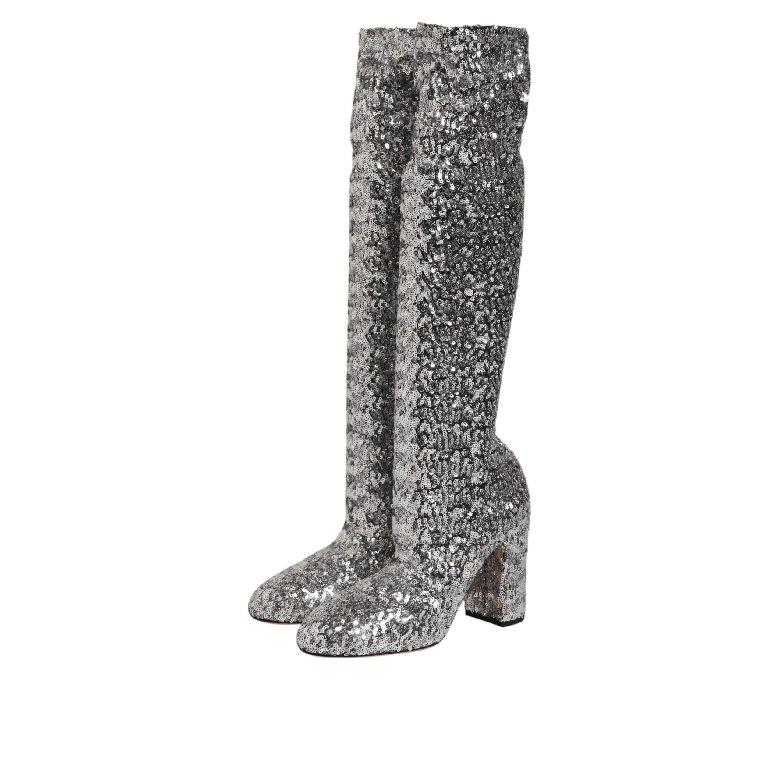 Dolce & Gabbana Silver Sequin Glitter High Heel Boots