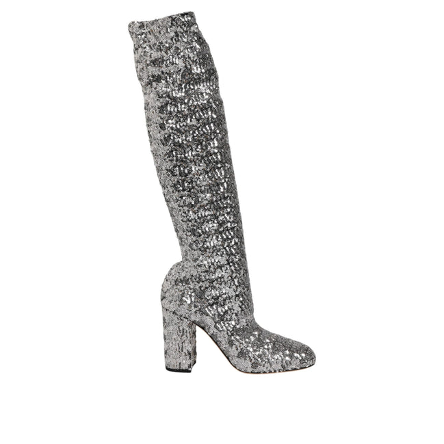 Dolce & Gabbana Silver Sequin Glitter High Heel Boots