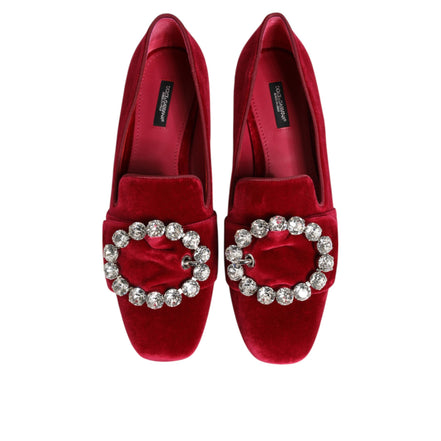 Mocassini piatti Dolce & Gabbana in velluto rosso con fibbia di cristalli