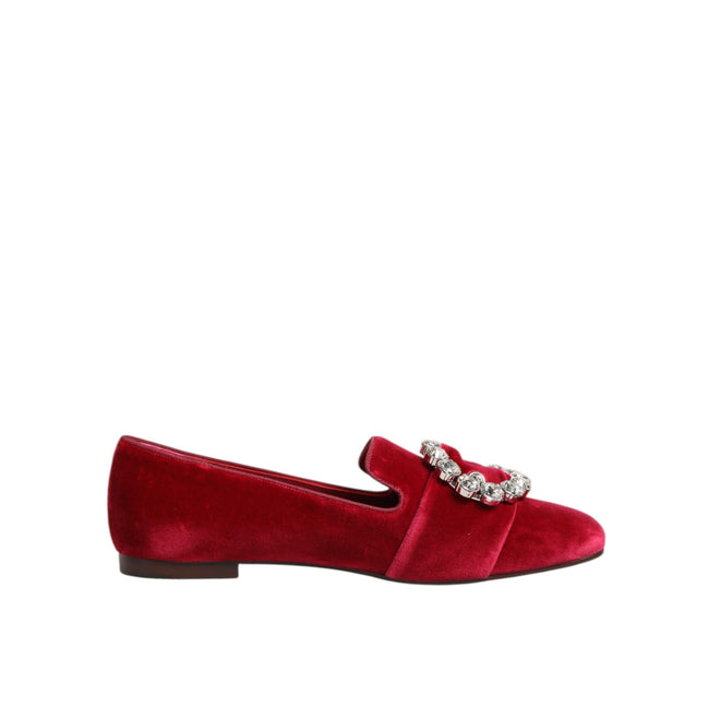Mocassini piatti Dolce & Gabbana in velluto rosso con fibbia di cristalli