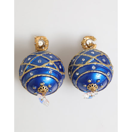 Boucles d'oreilles clips Dolce & Gabbana en laiton doré, boule de Noël bleue et cristaux.