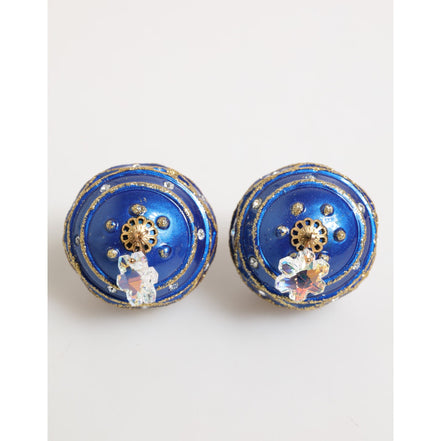Boucles d'oreilles clips Dolce & Gabbana en laiton doré, boule de Noël bleue et cristaux.