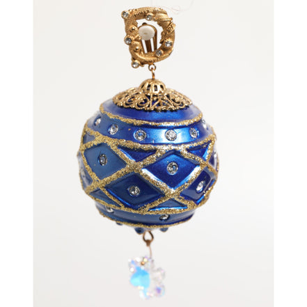 Boucles d'oreilles clips Dolce & Gabbana en laiton doré, boule de Noël bleue et cristaux.