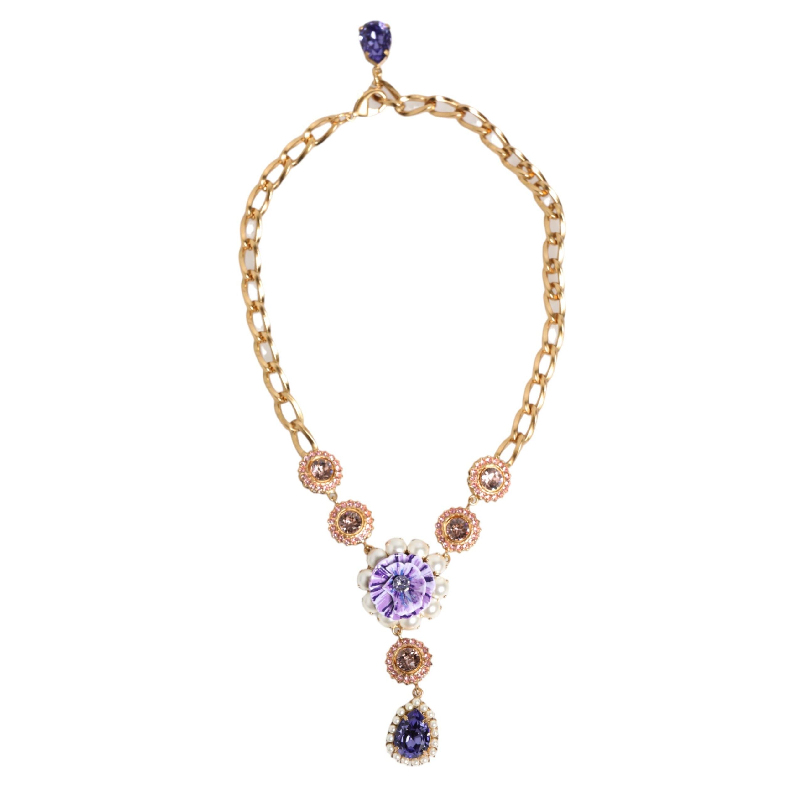 Collana con Pendente Floreale Dolce & Gabbana in Ottone Dorato, Cristalli e Perle Viola