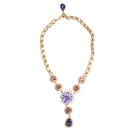 Collana con Pendente Floreale Dolce & Gabbana in Ottone Dorato, Cristalli e Perle Viola