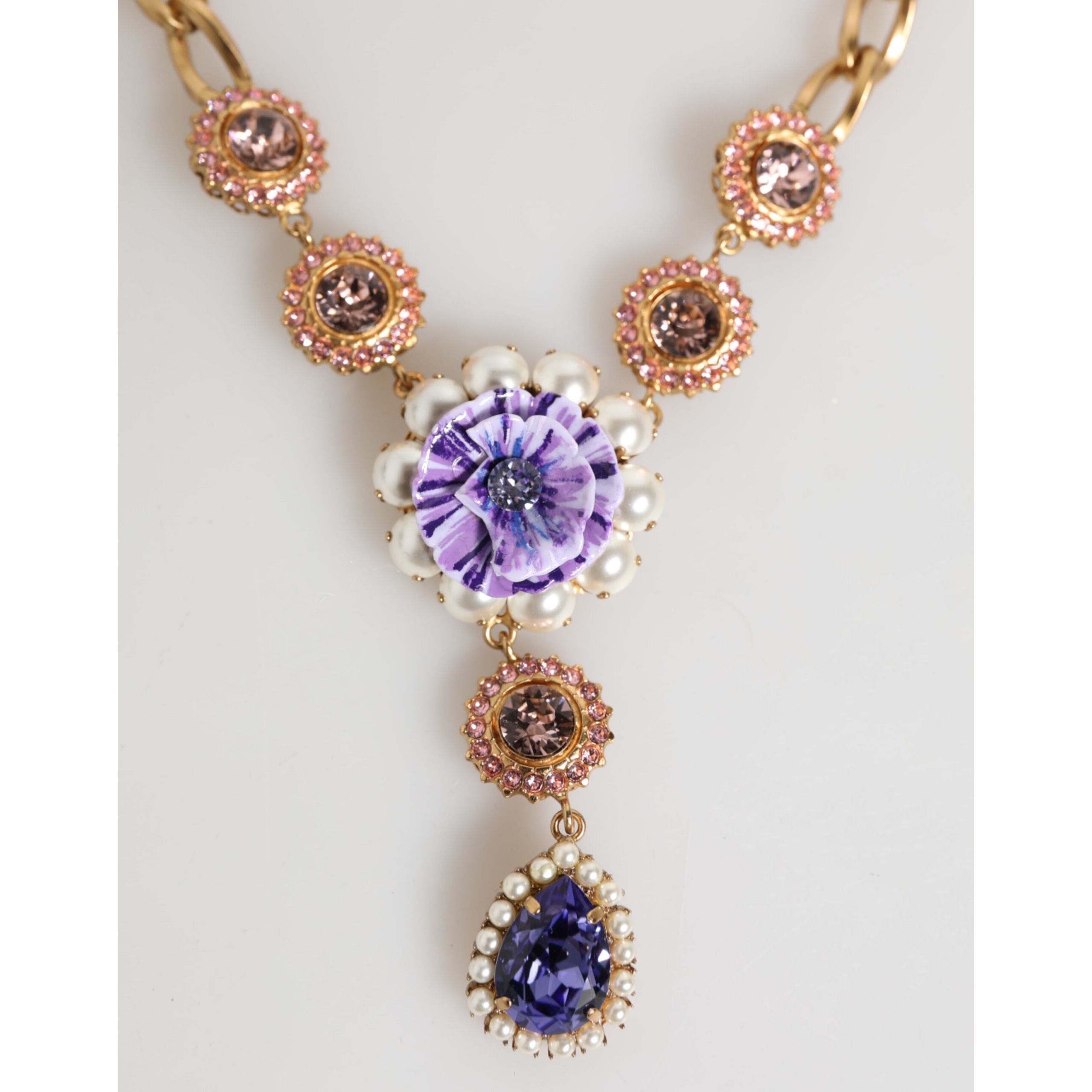 Collana con Pendente Floreale Dolce & Gabbana in Ottone Dorato, Cristalli e Perle Viola